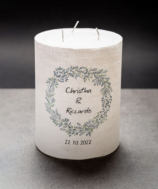 Hochzeitskerze bemalt blau Kerze für Trauung Monika Kaltseis